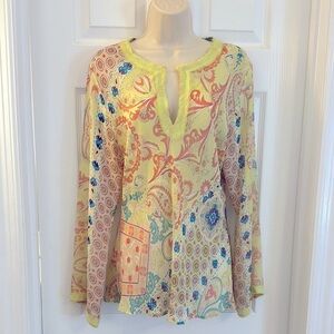 CENTRAL PARK WEST Silk Beaded Semi-Sheer Floral Paisley Tunic LARGE Yellow+ EUC!